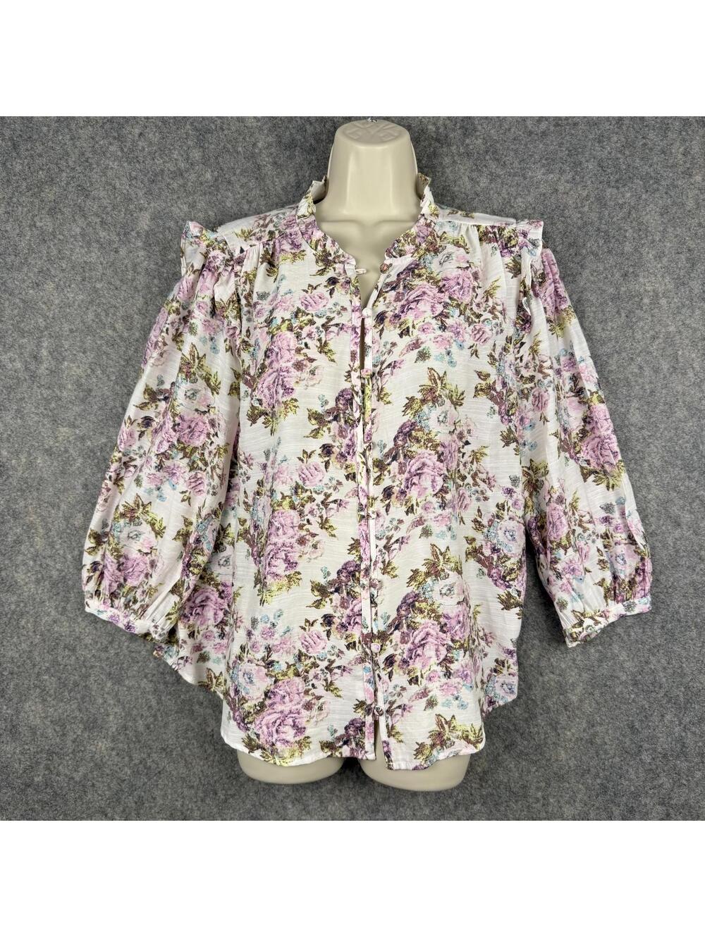 Long Sleeve Ruffled Blouse Top Button Front Floral Lilac XL Romantic Feminine
